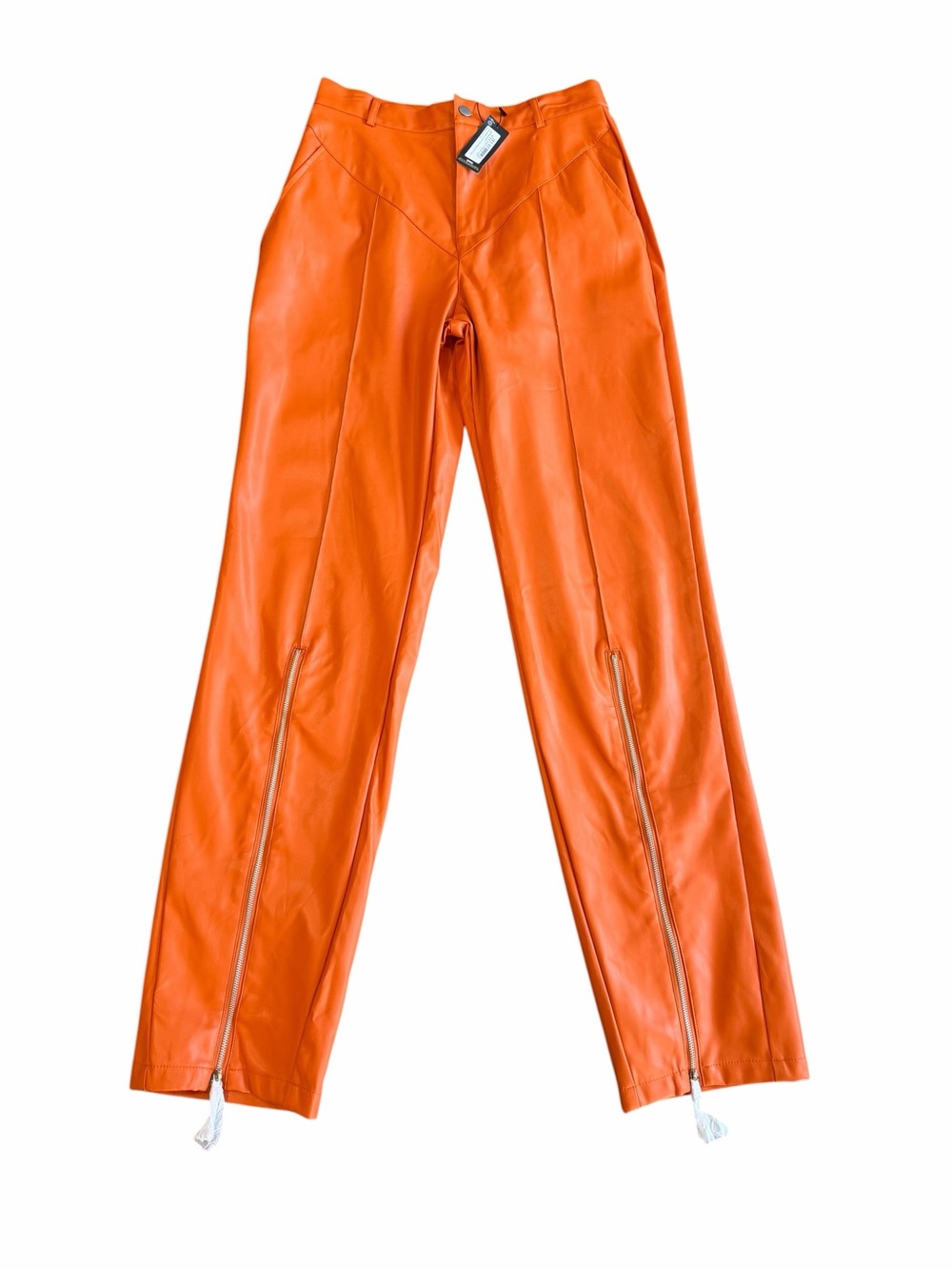 PrettyLittleThing‎ Orange Faux Leather Zip Front Straight Leg Pants Size 8 NWT